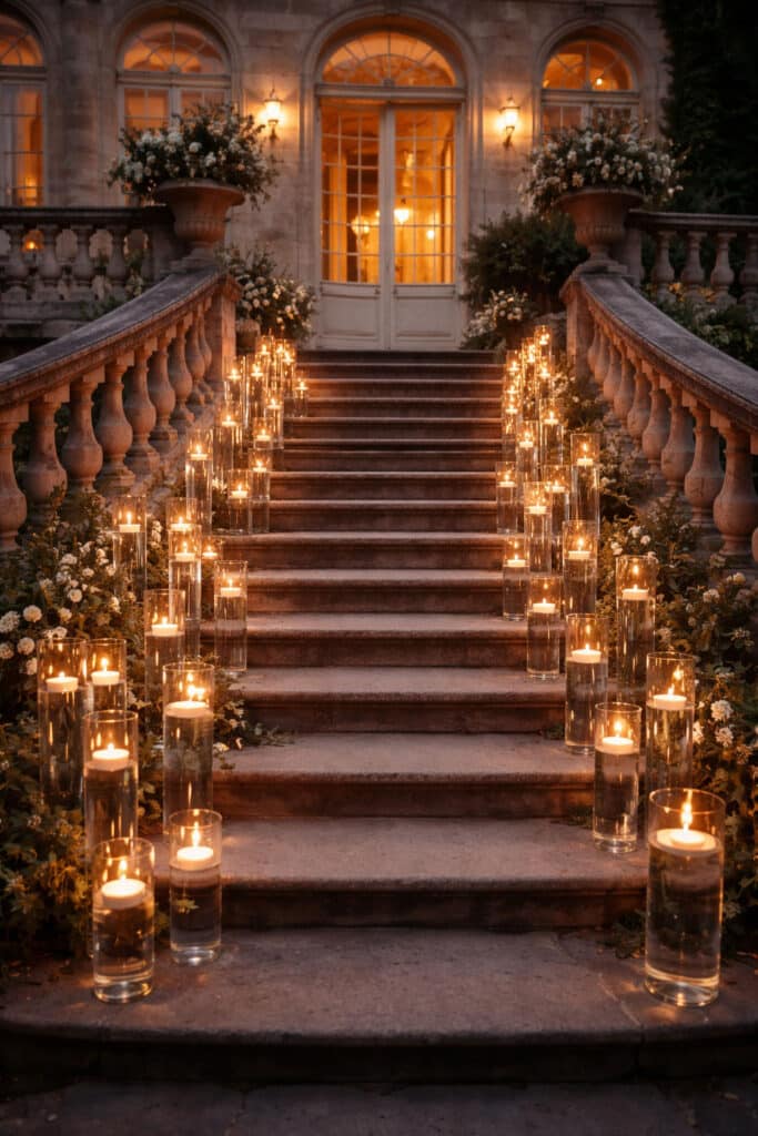 Somptueux escalier en pierre de château, bordé de bougies flottantes dans des cylindres de verre et de fleurs blanches pour une décoration de soirée romantique.