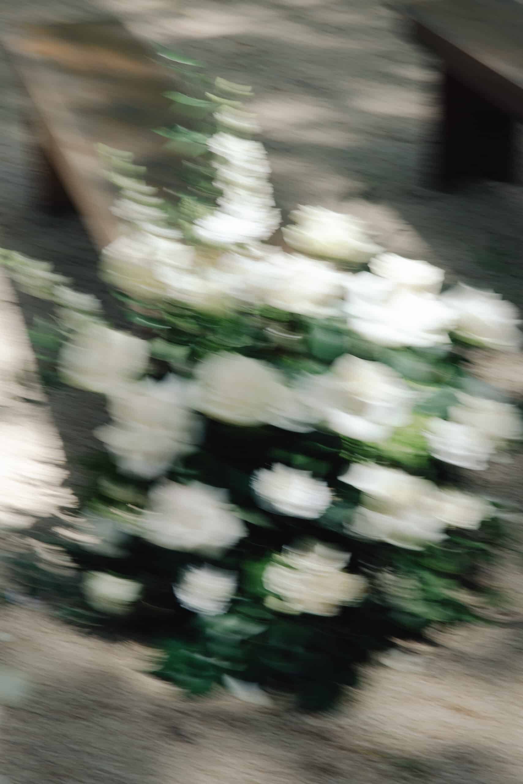 Bouquet de roses blanches et feuillage vert, fortement flou par un mouvement cinétique rapide sur un fond de gravier beige.